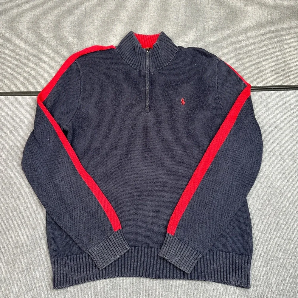 Polo Ralph Lauren Mens XL Quarter Zip Y2k Sweater Navy Blue Red Stripe Cotton